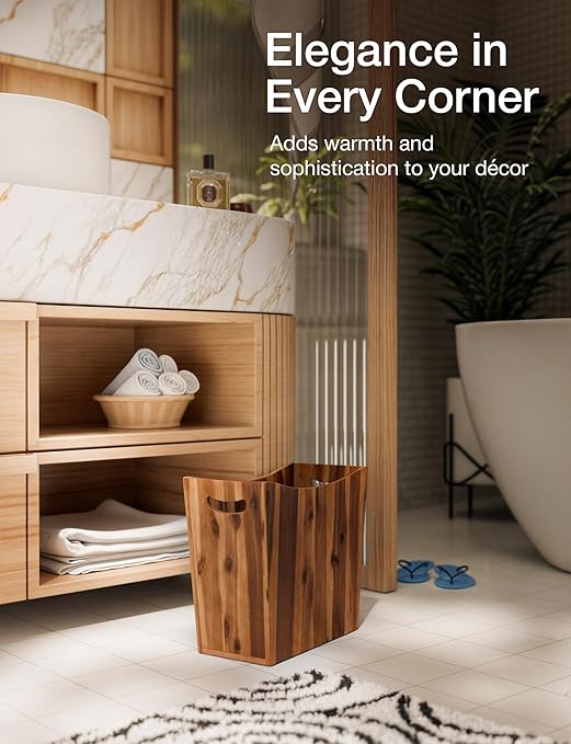 Tidita 3 Gallons Rectangular Wastebaskets - Acacia Wood Waste Basket with Handles - Small Trash Can for Bathroom - Brown Garbage Bin for Spa Bathroom Decorative, Kitchen Counter, Living Room (Walnut)
