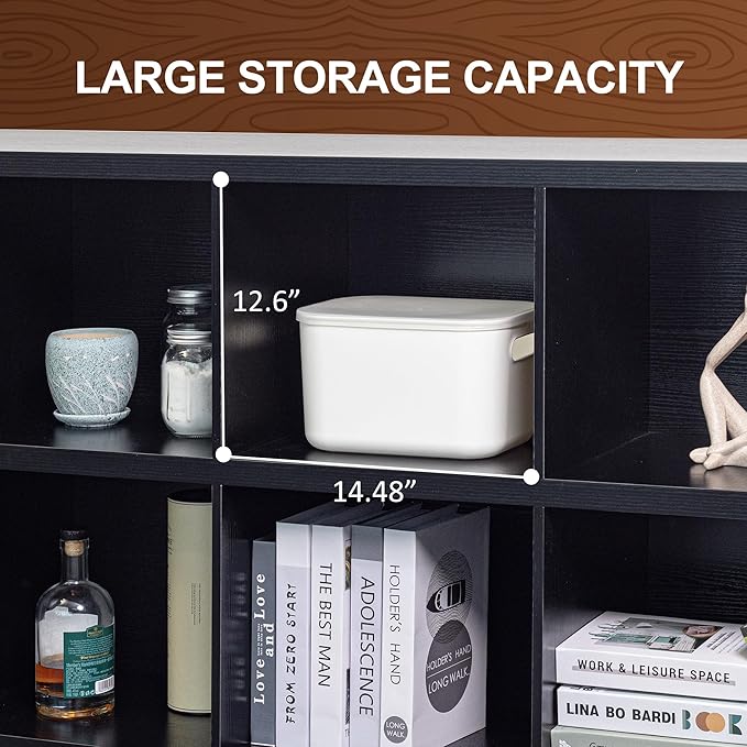 VAKATRELL 8 Cube Storage Organizer Bookshelf, Industrial Horizontal Bookcase, Accent Cubby Shelf, Media Console Table for Living Room, Home Office, 13.6" D x 63" W x 30.9" H, Black