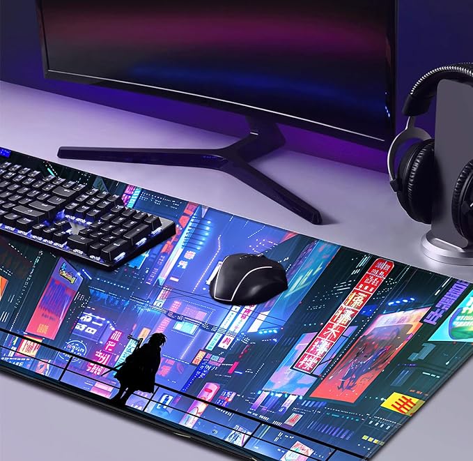 LQFIWSS Tokyo Street Cute Large Gaming Mouse Pad, Purple Blue Anime City XXL, 35.4L x 15.7W inches, Fabric, Polyvinyl Chloride, Office Products