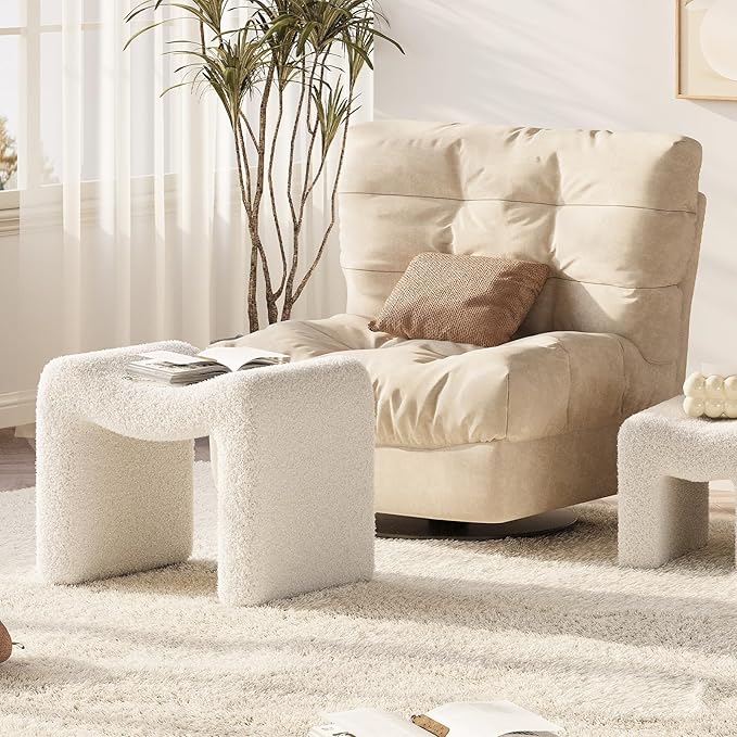 ZYKZYK Ottoman Set of 2, Plush Velvet Vanity Seats with Modern Foot Rest, Backless Stool Pair for Bedroom, Living Room & Makeup Dressing Table(2-in-1) White