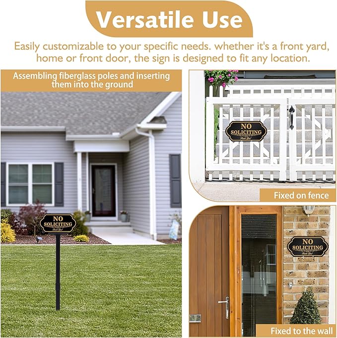 No Soliciting Sign for House with Stake - 50-mil Thick Aluminum - 5x10 Inch/37 Inch High - Adjustable Height - Outdoor Yard Sign for Home and Front Door (A1512)