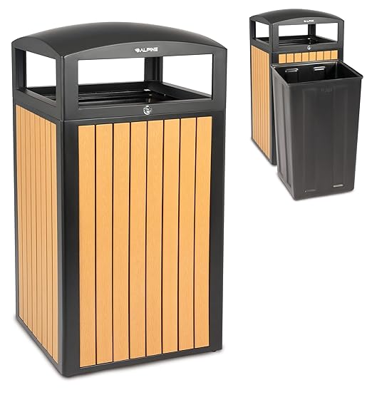 Alpine 40 Gallon Commercial Outdoor Trash Can with Lid - Modern Heavy Duty Large Outdoor Garbage Can with Durable Plastic Bin, Slatted Recycled Plastic Panels for Parks, Trails & Resorts (CD)