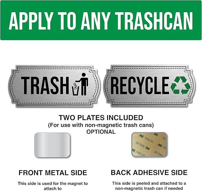 Recycle and Trash Magnets for Kitchen Cans and Recycling Bins, Dual Trash and Recycle Magnet for Garbage Can Logo Symbol, 2 Magnetic Sticker Adhesives, 6.5x3 Inch Elegant Design Home Outdoor Waste Bin