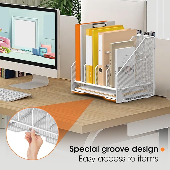 OrgMate Desk File Folder Holder Organizer-4 Vertical Compartments Racks and Paper Letter Tray,Mesh Magazine File Holder Sorter,Desktop Accessories & Workspace Organizers for Home,Office,School-White