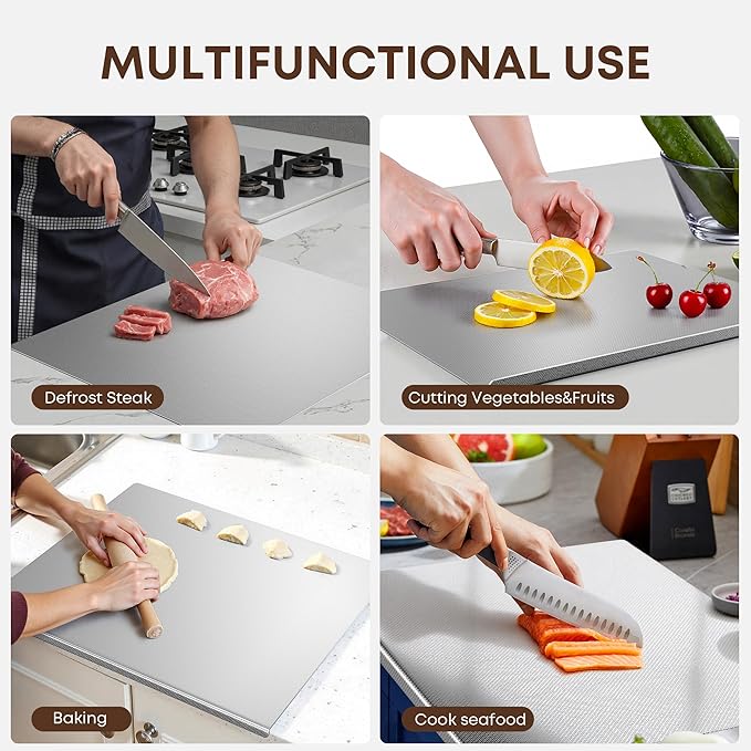 KORVOS Stainless Steel Cutting Board, 19.6"L x 15.7" W Heavy Duty Steel Chopping Boards for Kitchen, Metal Cutting Board with Lip&Non-slip pad, Against Scratches Surface, Easy To Clean
