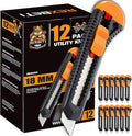 REXBETI 12-Pack Utility Knife, Retractable Box Cutter for Cartons, Cardboard and Boxes, 18mm Wider Razor Sharp Blade, Smooth Mechanism, Perfect for Office and Home use