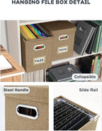 Oterri File Organizer Box with Lid, Hanging Filing File Box with Mesh Pocket, Document Organizer Box for Letter Files, Portable Storage Box with Smooth Sliding Rail for Office&Home(1 PCS, Khaki)