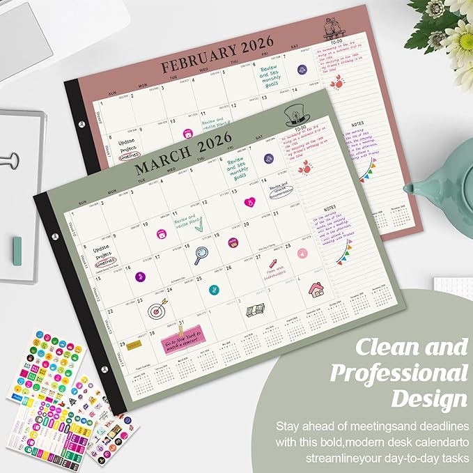 Gannyfer Desk Calendar 2026, Large 2026 Desk Calendar 22" x 17", Now - Dec 2026, 18 Monthly Academic Desktop Calendar with To-Do List and Notes, Plastic Cover, Thick Paper, 2026 Calendar for Planning and Organizing(6 Stickers)