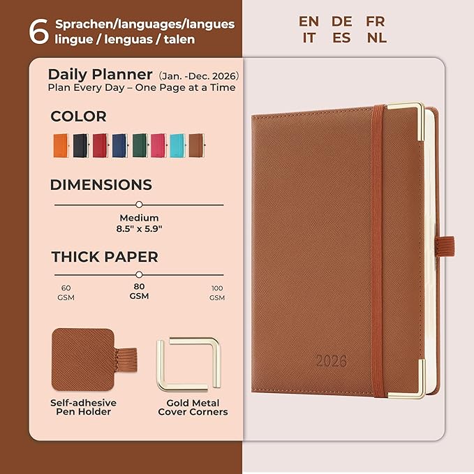 IN-luxpro Daily Planner 2026 with One Page Per Day,(A5-8.5" x 5.9"),12 Months Calendar Hourly Appointment Book Monthly Tabs & Self-adhesive Pen Holder,Inner Pocket, Vegan Leather Hardback,Brown
