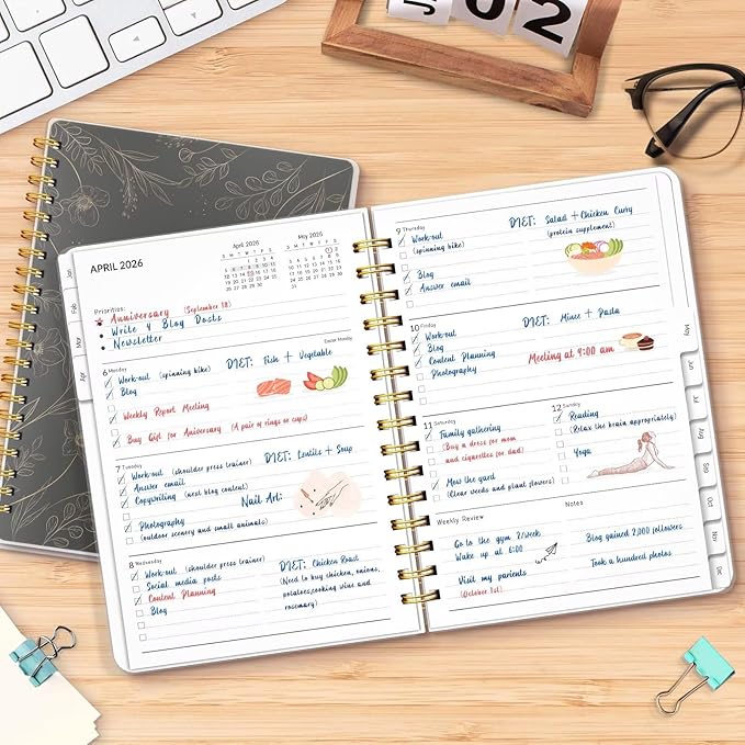 2026 Planner, Weekly and Monthly Planners with Tabs, A5 Spiral Bound Daily Calendar 2026 Planner, 12 Month Agenda Organizers from Jan. to Dec., Flexible Cover Appointment Book(Black Gold Flower)