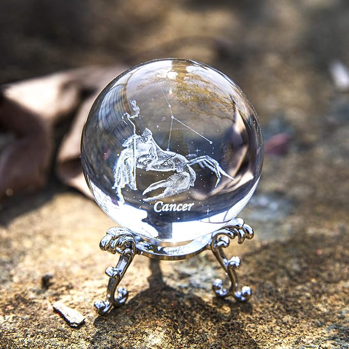 HDCRYSTALGIFTS Crystal 3D Constellation Crystal Ball 60mm Crystal Paperweight Full Sphere Glass Fengshui with Sliver-Plated Flowering Stand(Cancer)