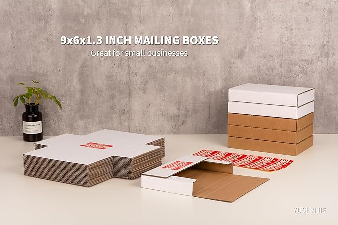 YUSHYIJIE 50 Pack 9x6x1.3 inch Small Shipping Boxes, Multi-Depth Flat Cardboard Boxes with Fragile Stickers for DVD Shipping, Packing, Moving, Storage, White
