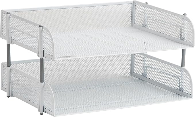 Mind Reader Stackable Paper Tray, Desktop Organizer, File Storage, Office, Metal Mesh, 13.5" L x 10" W x 7.25" H, 2 Pcs., White