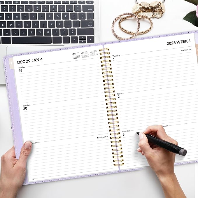 SUNEE 2026 Planner, Weekly and Monthly Calendar Planner 9"x11.2"- 12 Month (January 2026 - December 2026), Vegan Leather Cover, Pocket, Bookmark, Notes, Monthly Tab, Purple