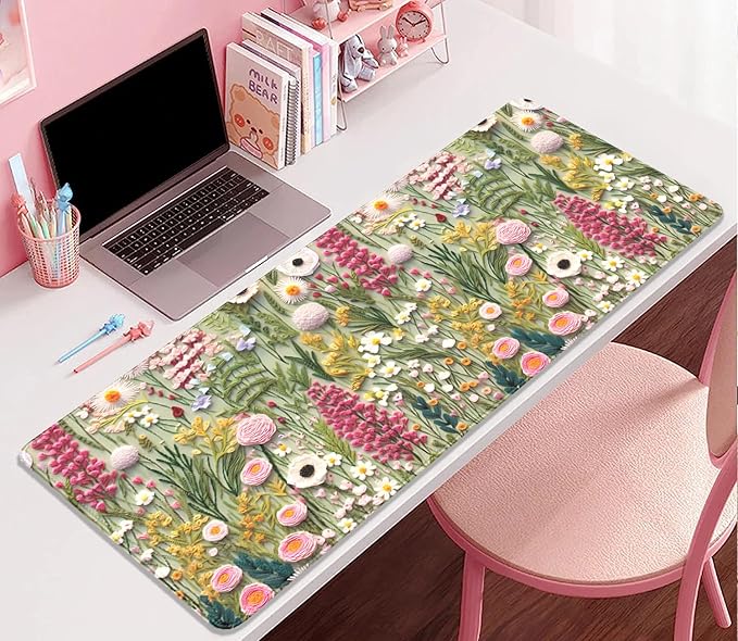 Embroidered Flower Wildflower Embroidery 3D Pattern Mouse Pad Desk Pad,Stitched Edges Non-Slip Waterproof Rubber Base Mous Mat for Office,Computer,Keyboard,Laptop and Home Desk Pad(27.5X11.8 in)
