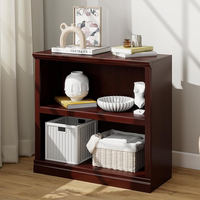 Bevfint 30" Bookcase, White Floor Standing Bookshelf, 2-Tier Display Shelves Open Storage Organizer, Book Case for Living Room Hallway Kitchen Home Office Bedroom, Mahogany 2 Tiers