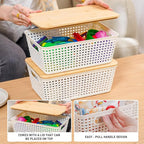Anywish Storage Bins with Lids 10 Packs, Plastic Storage Bins with Bamboo Lids for Pantry Organization and Storage Containers for Shelves Drawers Desktop Closet Playroom Classroom Office Home, White