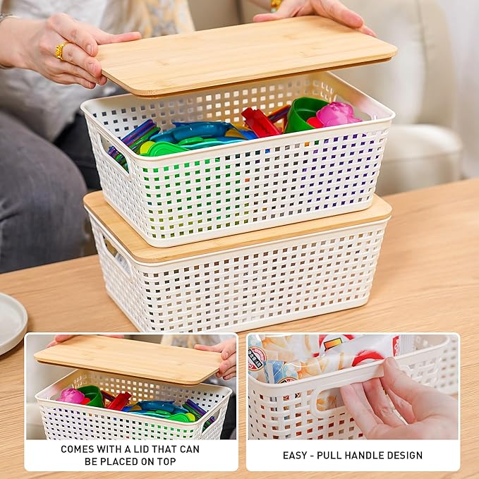 Anywish Small Storage Bins with Lids 6 Packs, Plastic Storage Basket with Bamboo Lid for Pantry Organization and Storage Containers for Shelves Drawers Desktop Closet Playroom Office Home, White