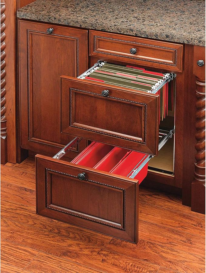 Rev-A-Shelf 2 Tier 14.5" Base Cabinet File Drawer Organizer System for Leterr & Legal Sized Files for Home Office or Home Storage, Chrome, RAS-FD-KIT