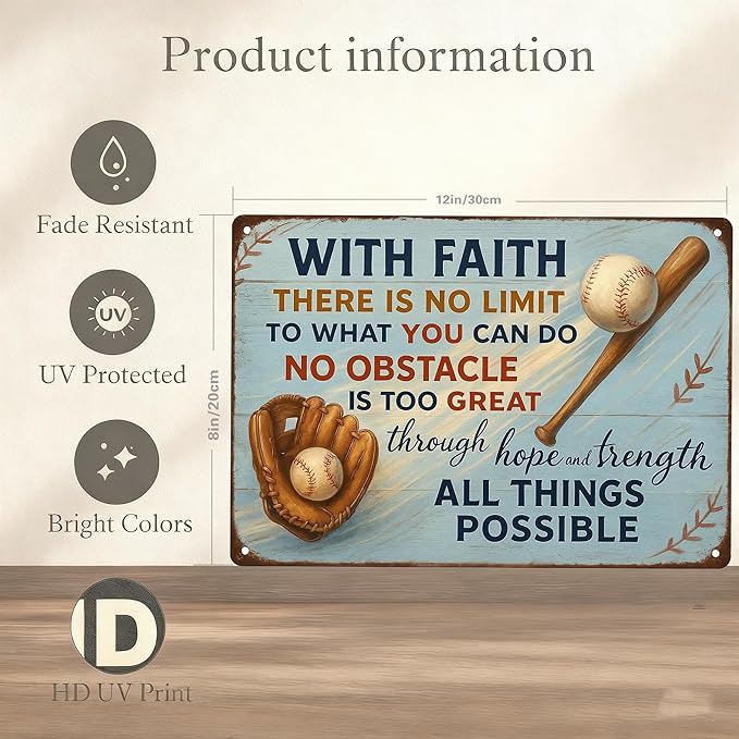 With Faith Baseball Metal Sign – Vintage Inspirational Quote Wall Decor for Locker Room, Bedroom, or Gym – Motivational Gift for Athletes, Coaches, and Baseball Fans(Baseball faith)