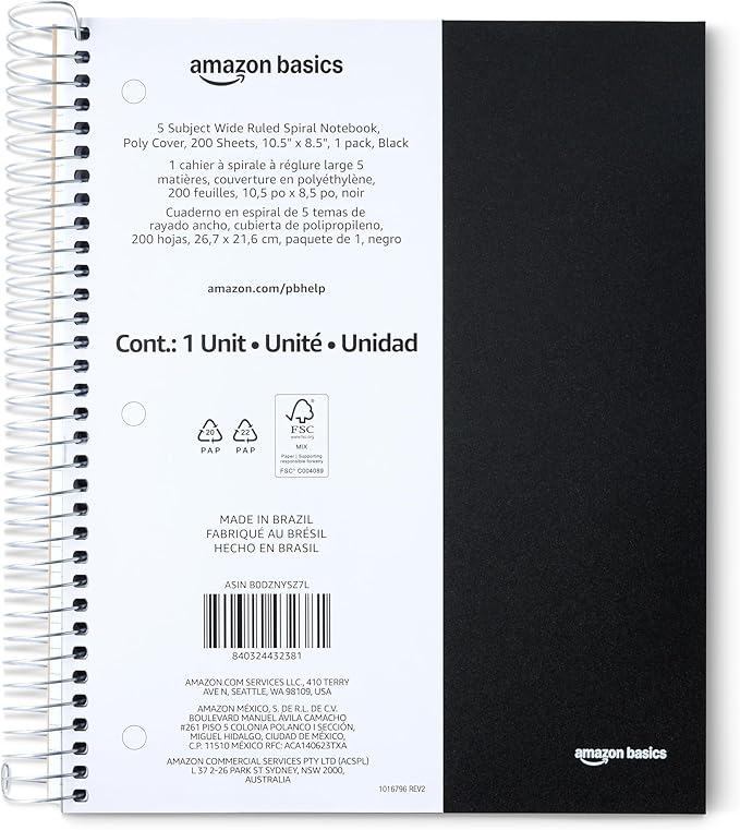 Amazon Basics Notebooks, Wide Ruled Spiral 5 Subject Notebook, For Work and School, 200 Sheets, 8.5 x 10.5 inches, Black, 1-Pack