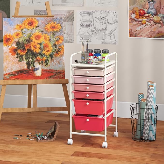 Giantex 6 Storage Drawer Cart Rolling Organizer Cart for Tools Scrapbook Paper Home Office School Multipurpose Mobile Utility Cart (Pink Gradient)