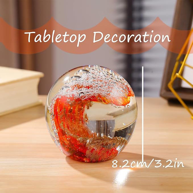Hand Blown Glass Figurines Ball Ocean Waves Paperweight Glass Ball for Ocean Lovers Red with Gold Light and White Bubble Ball Decoration for Home Office and Aquarium