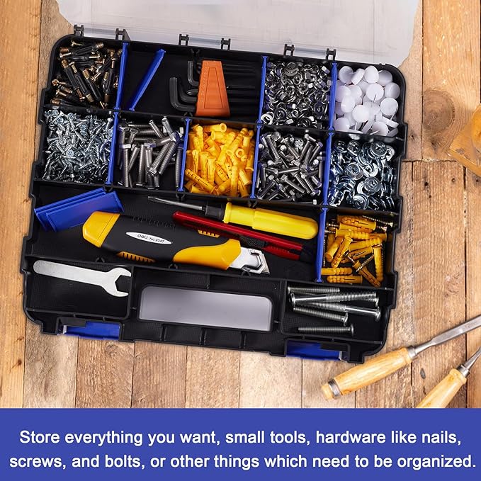 AIDY-PRO Small Parts Organizer Box Storage Case Tools Box Organizer Double Side 34 Compartments Hardware Organizers with Removable Plastic Dividers for Screws Nuts Nails Bolts, 2 Pack