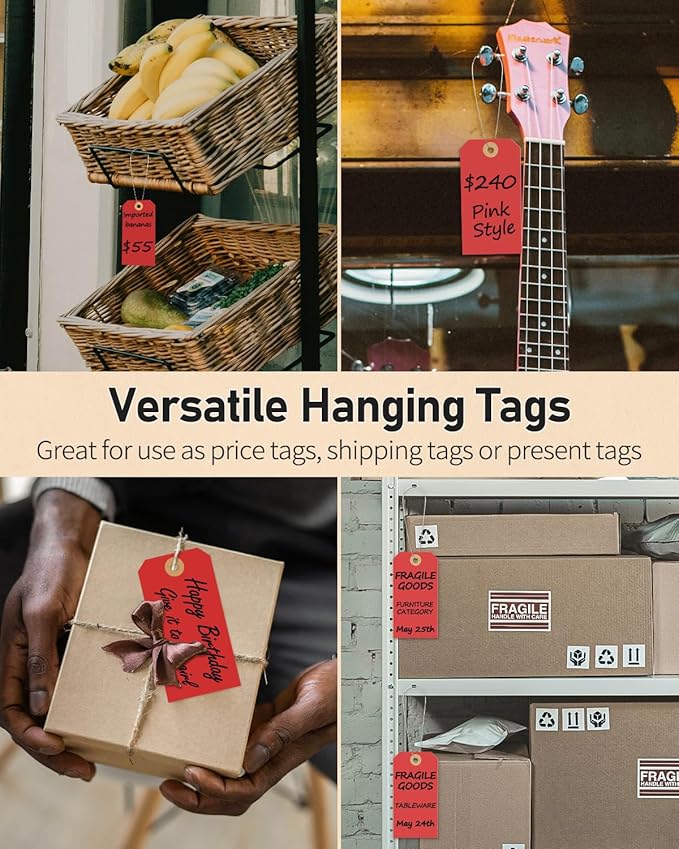 Uniclife 100 Pcs Red Blank Shipping Tags with Wire Attached 4.7 Inch Paper Tags Hang Tag with Reinforced Eyelet Large Marking Label Writable Price Inventory Label Tag, 4.7" x 2 3/8"