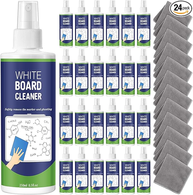 Dansib 24 Pack Non-toxic Whiteboard Cleaner 8.5fl oz Dry Erase Board Cleaner with 12 Cloths Non-toxic Dry Erase Cleaning Spray Removes Stubborn Marks from Whiteboards