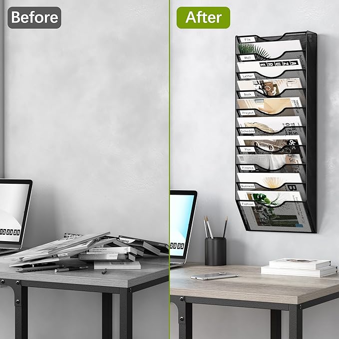 EasyPAG 10 Pocket Mesh Wall File Organizer, Hanging Paper Folder Holder with Classify Label, Vertical Wall Mount Mail Organizer for Office Home Classroom, Black