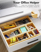 VA1KENE 6PCS Desk Drawer Organizer Tray with 12 Compartments – Bamboo Office Storage Boxes Set for Junk Drawer Supplies, Utensils, Cosmetics, Jewelry and More
