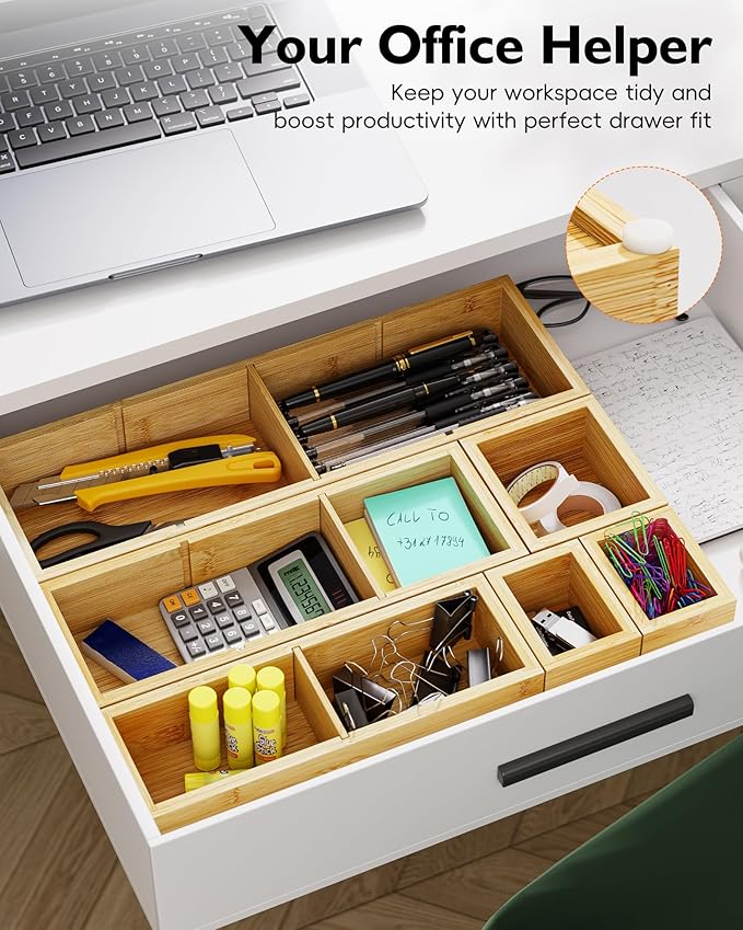 VA1KENE 6PCS Desk Drawer Organizer Tray with 12 Compartments – Bamboo Office Storage Boxes Set for Junk Drawer Supplies, Utensils, Cosmetics, Jewelry and More