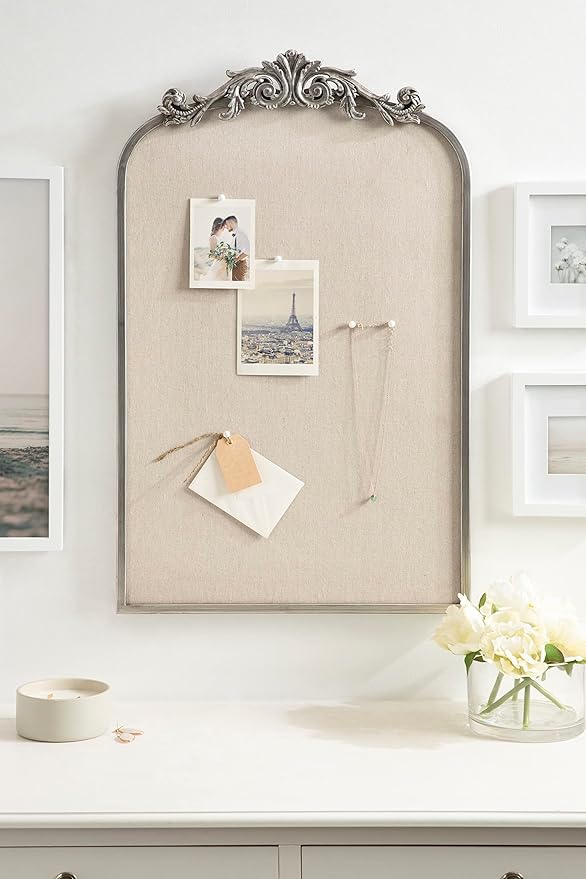 Kate and Laurel Arendahl Arch Pinboard; Silver; 19 x 31; Framed Arched Ornate Vintage Pinboard for Unique Display; Organization; and Decor Options