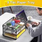 MINDEPOT 3 Tier Paper Organizer Tray with Handle, Mesh Letter Tray for Office, Home, School (1 Pack), Black
