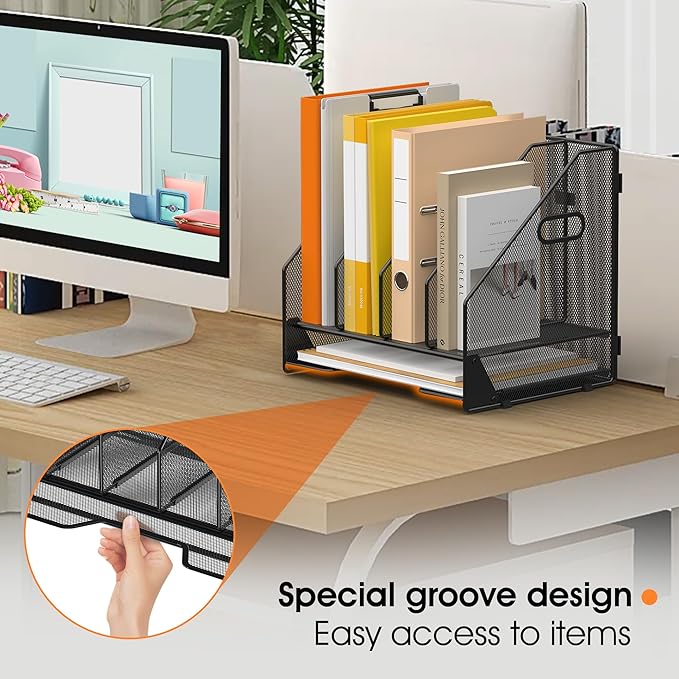OrgMate Desk File Folder Holder Organizer-4 Vertical Compartments Racks and Paper Letter Tray,Mesh Magazine File Holder Sorter,Desktop Accessories & Workspace Organizers for Home,Office,School-Black