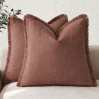 Foindtower Set of 2 Decorative Linen Fringe Throw Pillow Covers Boho Farmhouse Cushion Cover with Tassels Soft Accent Pillowcase for Couch Chair Sofa Bed Living Room Home Decor,18×18 Inch,Rust Red