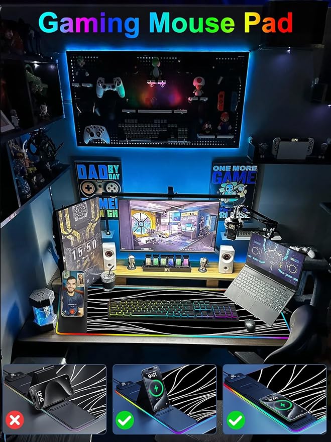 XXL Mouse Pad with Phone Holder, RGB Desk Mat with 15W Fast Charging, LED Large Gaming Mouse Pad with 11 Lights Colors, Long Mouse Pads, Waterproof Non-Slip Desk Pad for Gamer Esports Pros