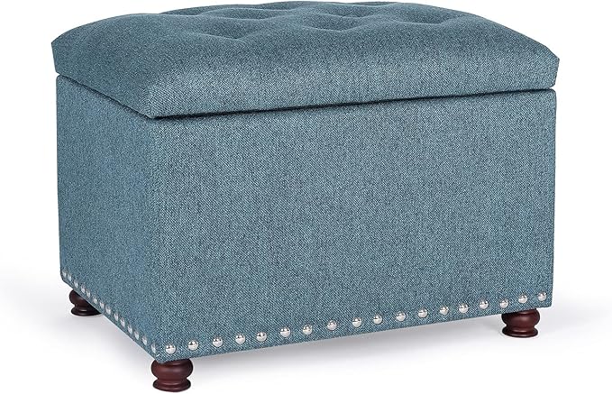 Decent Home 24’’ Rectangular Upholstered Storage Ottoman for Living Room- Fabric Foot Stool with Nail-Head Trim- Chests and Organizers, Load Up to 350 lb, Lake Blue
