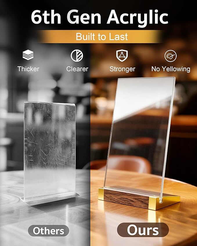 1 Pack Acrylic Sign Holder 8.5 x 11 Inch with Walnut Wood Base, Clear Tabletop Acrylic Display for Menu & Flyer Holder, Commercial Table Frames for Restaurant, Office, Coffee, Bar, Wedding, Hotel