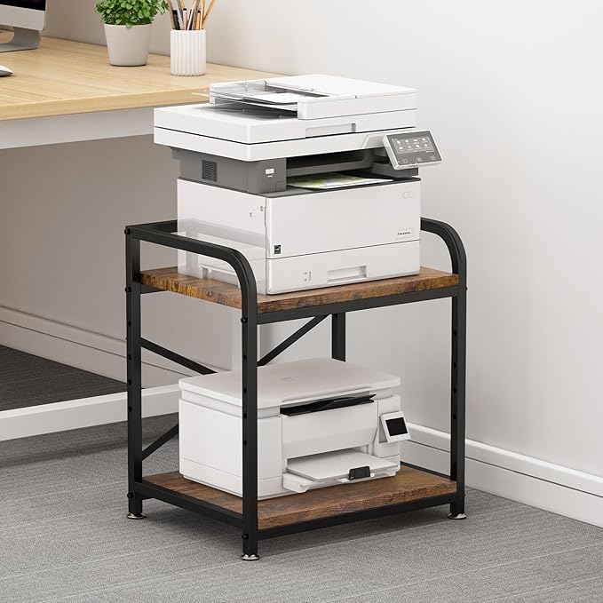 Vokumba 2 Tier Under Desk Printer Stand, Large Printer Table with Height Adjustable Shelf, Rolling Printer Cart with Industrial Wheels for Home Office, Scanner Fax (Rustic Brown)