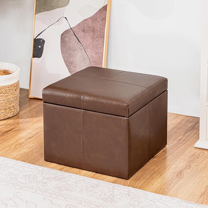Adeco Faux Leather Cube Storage Ottoman, Coffee Brown Ottomans for Living Room, Bedroom