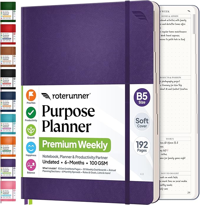 Roterunner Purpose Planner Notebook B5 7.5”x9.8” Undated 2026 Daily Weekly and Monthly Productivity Goal Setting Tool for Work Home ADHD Planner for Adults Self Care Journal (Purple Softcover)