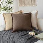 Foindtower Set of 2 Decorative Linen Fringe Throw Pillow Covers Boho Farmhouse Cushion Cover with Tassels Soft Accent Pillowcase for Couch Sofa Bed Living Room Home Decor,24×24 Inch,Reddish Brown