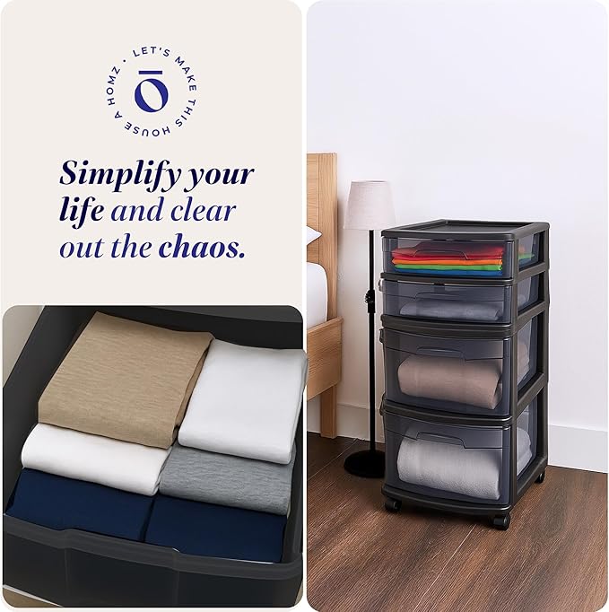 HOMZ Drawer Tower, 4-Tier Clear Plastic Storage Organizer Cart, Black Frame - Rolling Drawer Containers with Wheels for Bathroom, Bedroom, Office, and Classroom Organization