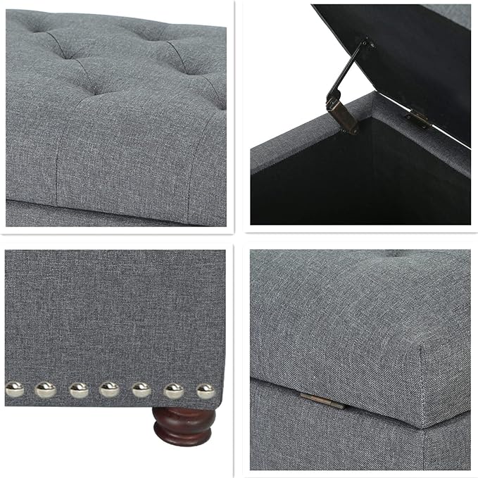 Decent Home 24'' Fabric Ottoman with Storage Rectangle Foot Rest Ottomans Stool for Bedroom Living Room(Gray)