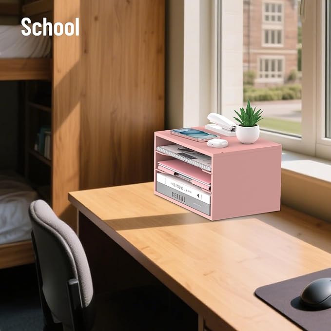 SHARKWOODS Wood Desk Organizer, 3 Tier Paper Tray Organizer for Desk with Adjustable Storage Shelves, Desktop File Organization Paper Sorter Mail Holder for Office Home Classroom, Pink