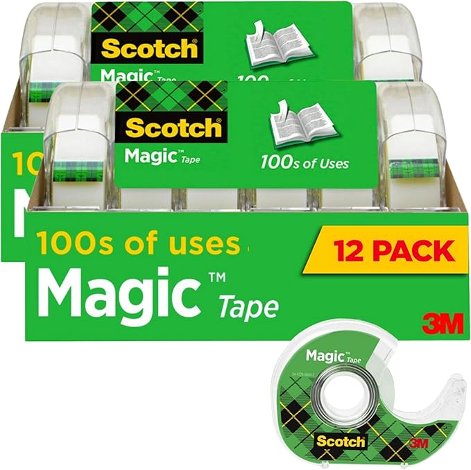 Scotch Magic Tape, 12 Rolls (2 x 6-Packs) Each with Dispenser, Invisible Matte Finish, Permanent Adhesive, 3/4 in x 350 in per Roll, Ideal for Home, School and Office