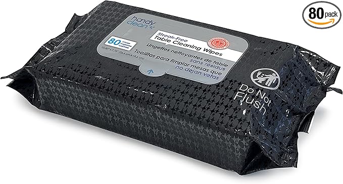 HandyClean Table Top And Counter Cleaning Wipes 1 Resealable Pouch of 80 Count 10.5" x 7.75" Pre-Moistened Wipes With High Shine Formula Perfect For Use at Home or Restaurants Clinics, and Office