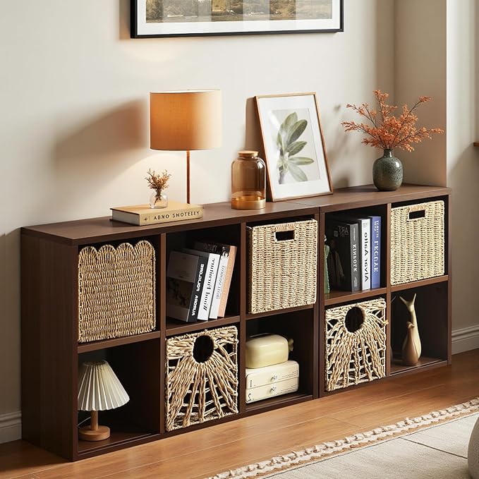 IRONMIX Metal Cube Storage Organizer, Short Bookshelf with Storage, 2 Tier Horizontal Bookshelf Cube Shelf, Small TV Stand Storage Cabinet for Classroom Home Office Library (Dark Wooden, 700+1037)